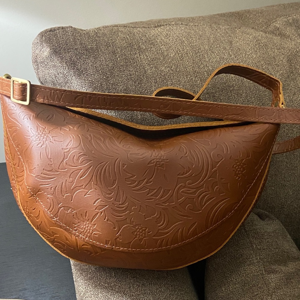 New Portland Leather Embossed Crescent Crossbody in Cognac Brown with Wallet